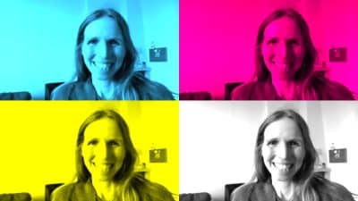 Vier Bilder von Nele mit je unterschiedlicher Einfärbung: blau, rosa, gelb und grau.