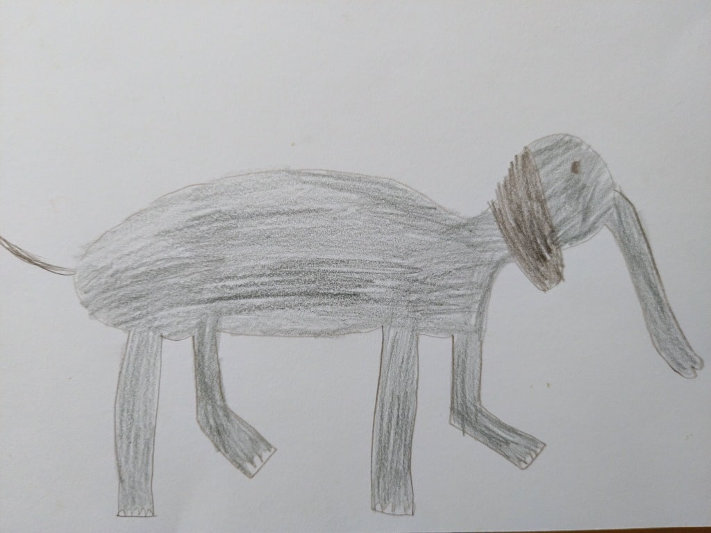 Eine Kinderzeichnung mit einem elefantenähnlichen Wesen