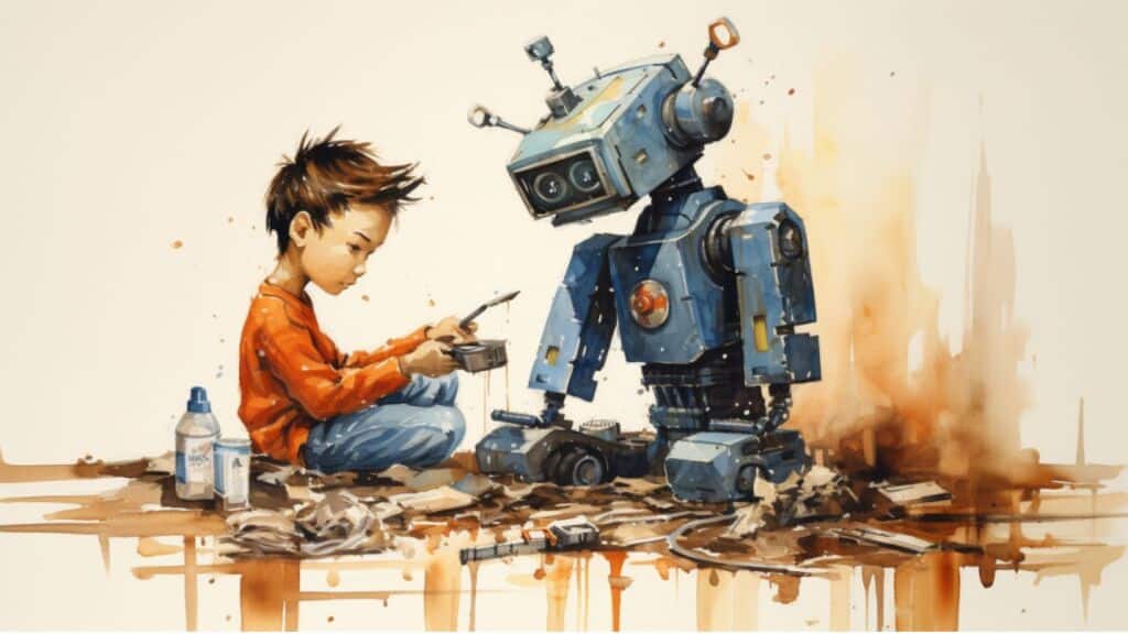 Ein Kind, das an einem Roboter bastelt.