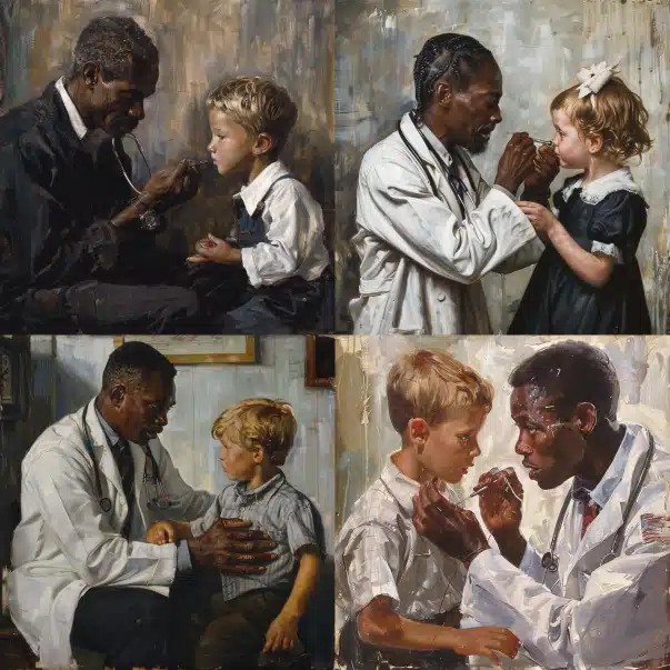 Vier KI-generierte Bilder, auf denen ein schwarzer Arzt zu sehen ist, der ein weißes Kind behandelt.