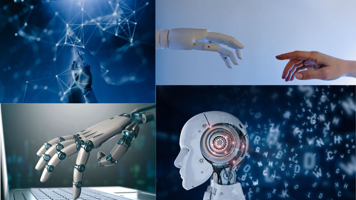 Verschiedene typische Bilder von 'KI': ein blaues Netz, Roboterhände und ein Roboterkopf